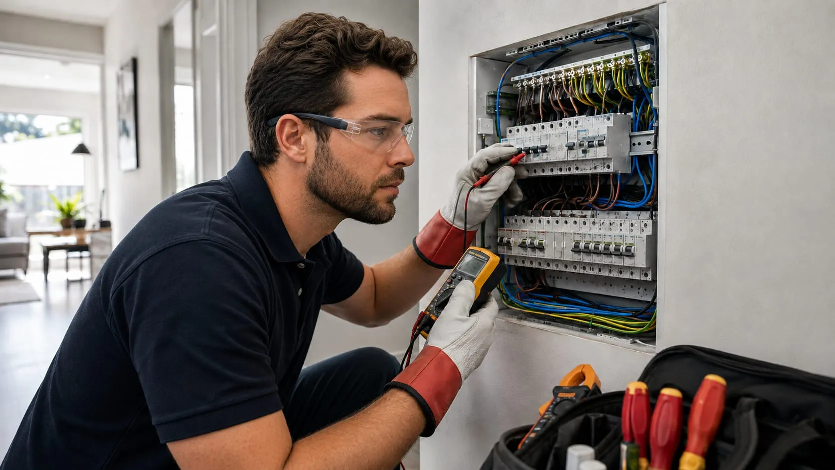 Electrician in insulated gloves testing a switchboard inside a home