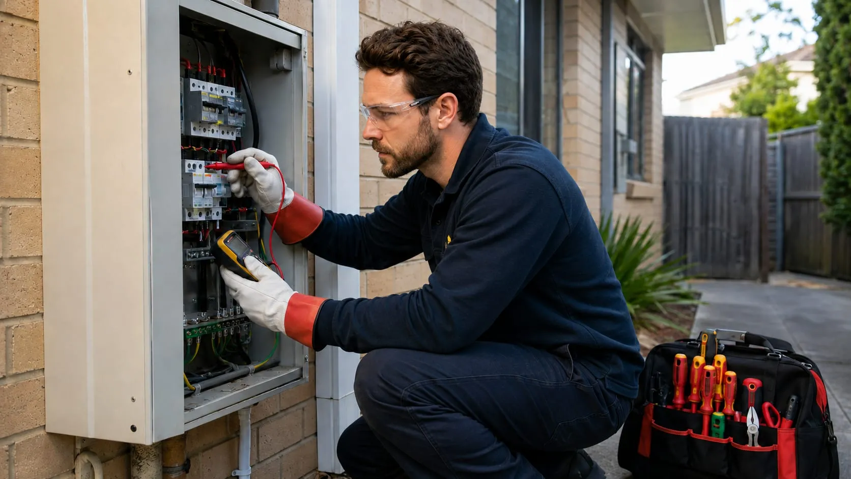 Electrician in insulated gloves testing an outdoor switchboard on a brick wall