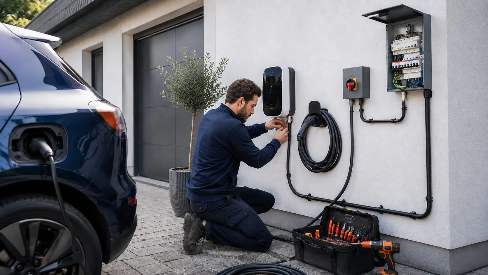 Electrician connecting an EV charger on an outside wall next to a parked electric car