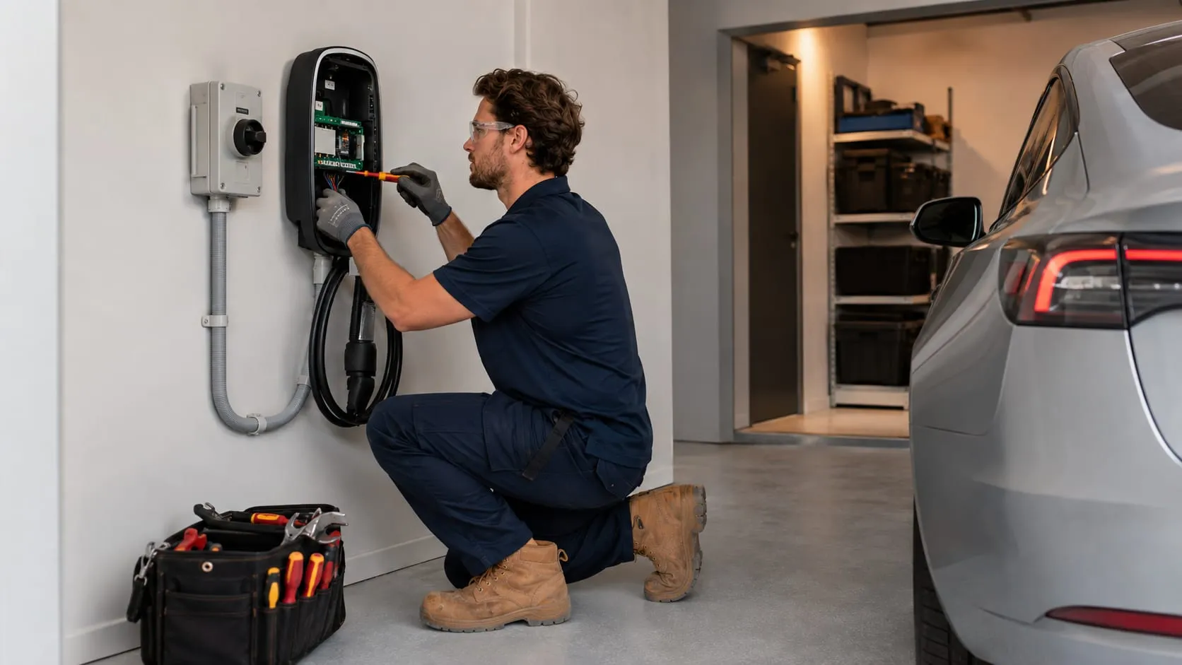 Electrician wiring an EV wall charger inside a home garage