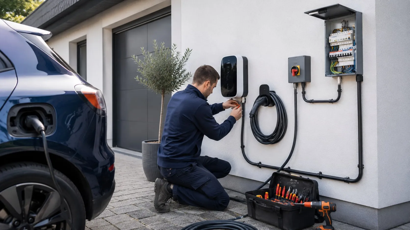 Electrician installing a wall-mounted EV charger in a home garage