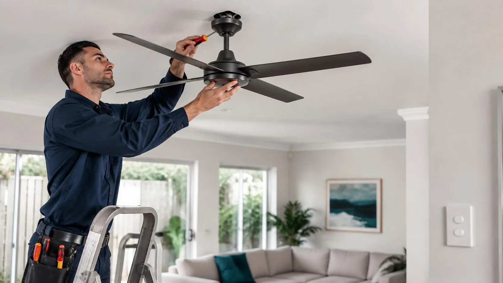 Electrician fitting a ceiling fan in a bright living room