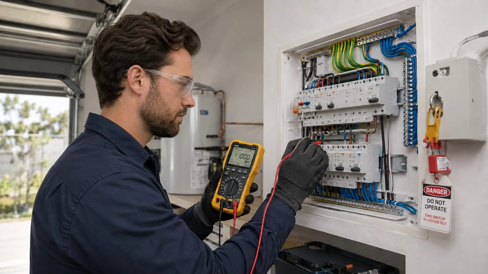 Electrician testing a garage switchboard with an insulation resistance tester beside a lockout tag