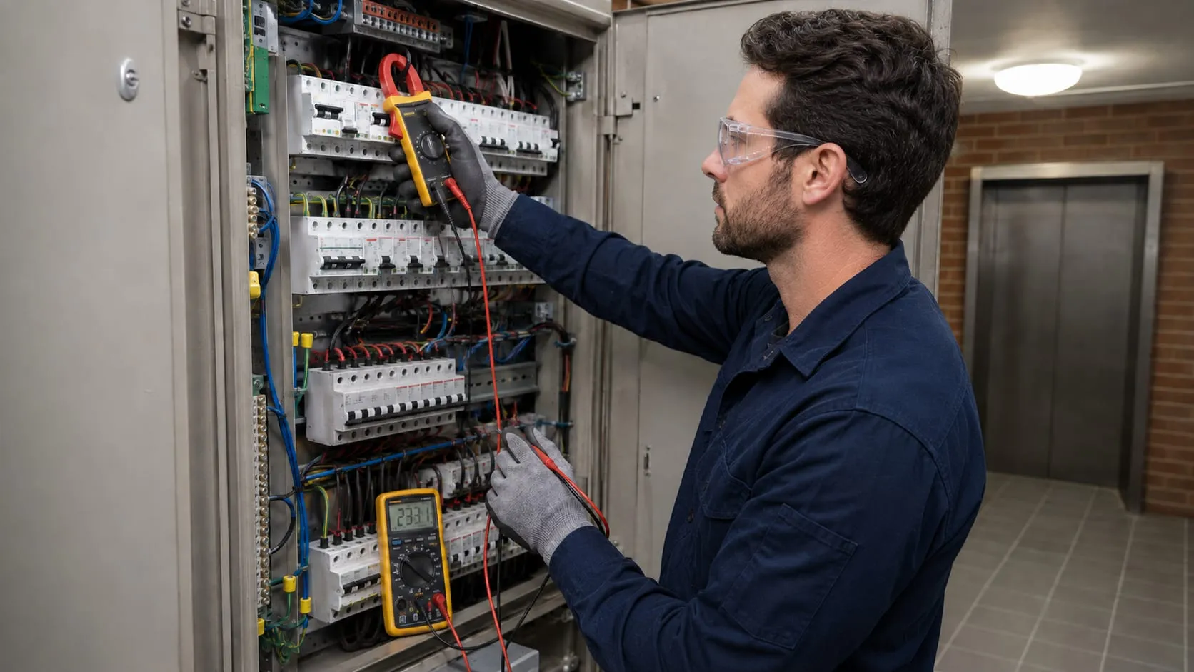 Electrician measuring circuits with a clamp meter and multimeter on an apartment building switchboard