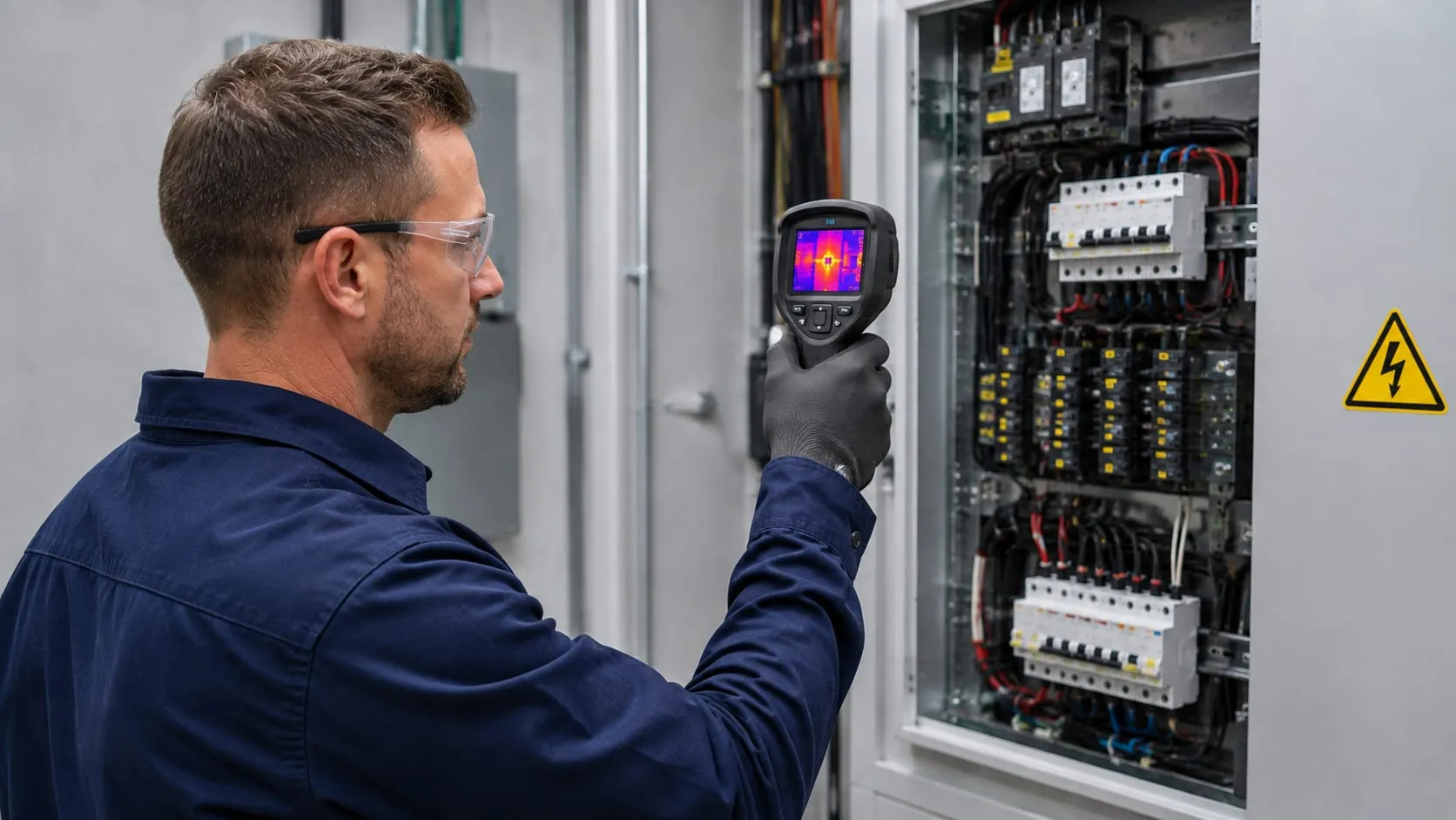 Electrician scanning a commercial switchboard with a thermal imaging camera