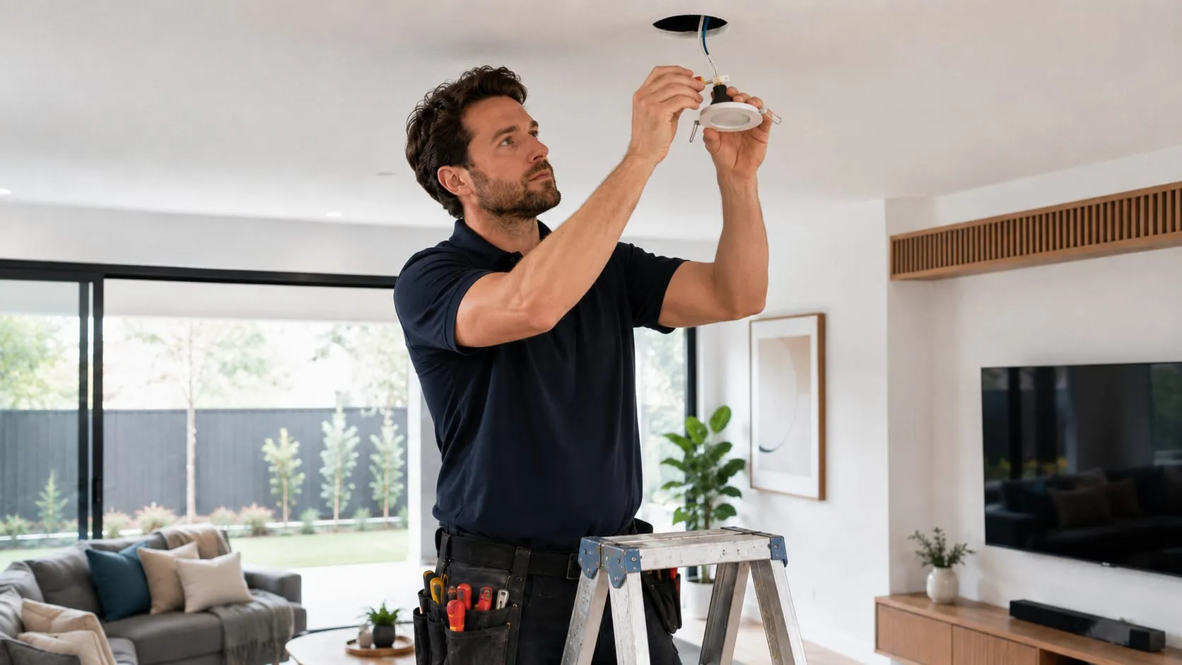 Electrician on a step ladder connecting an LED downlight in a living room ceiling