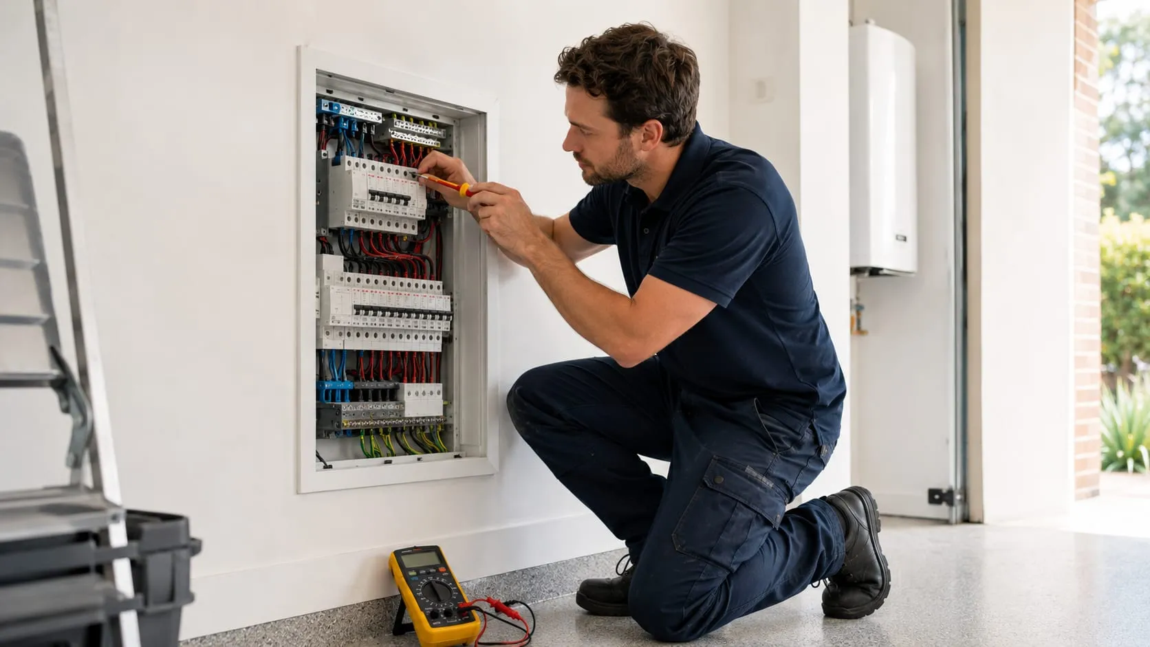 Electrician tightening a circuit breaker in a garage switchboard