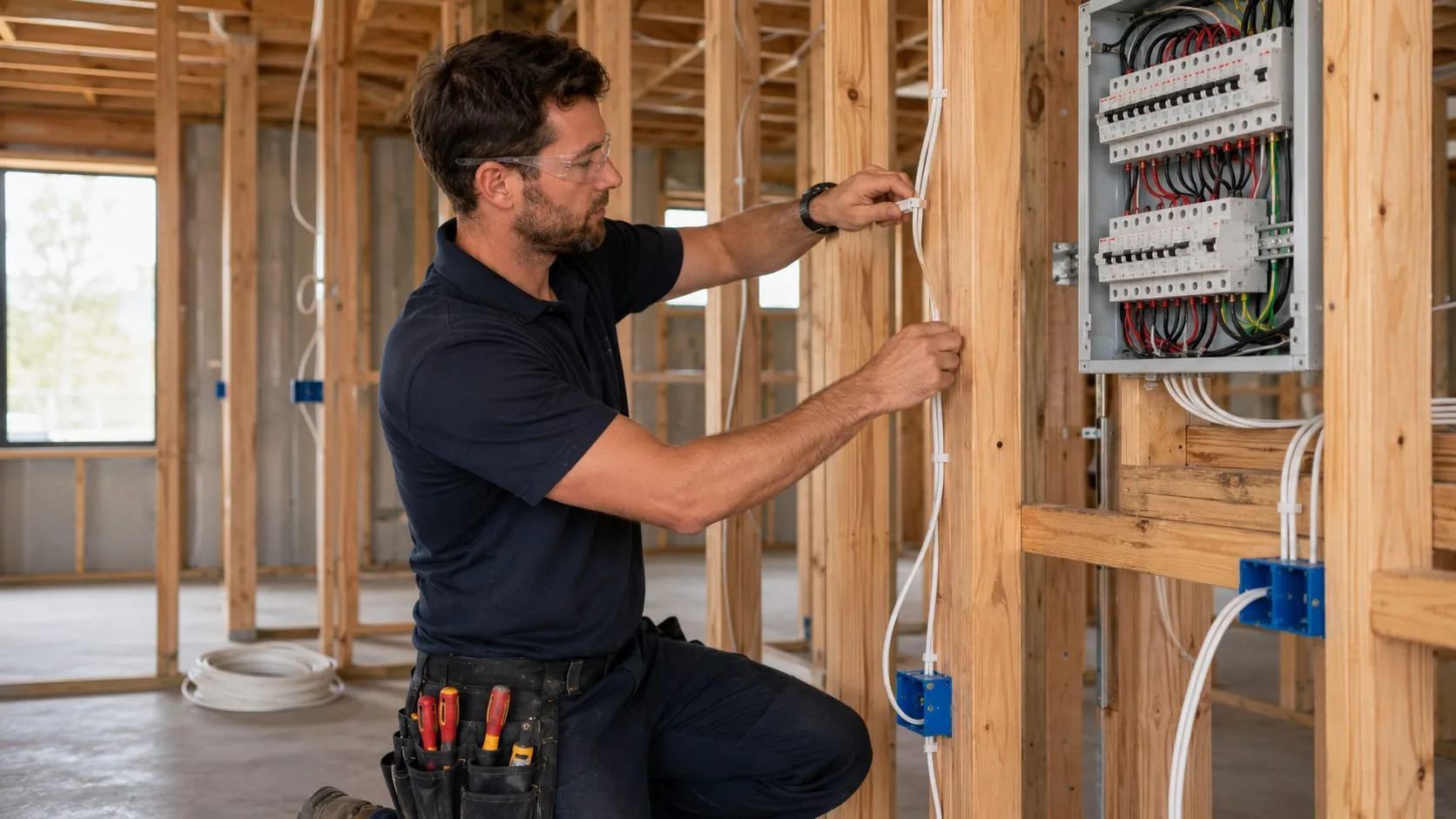Electrician clipping new cables to timber studs during a house rough-in