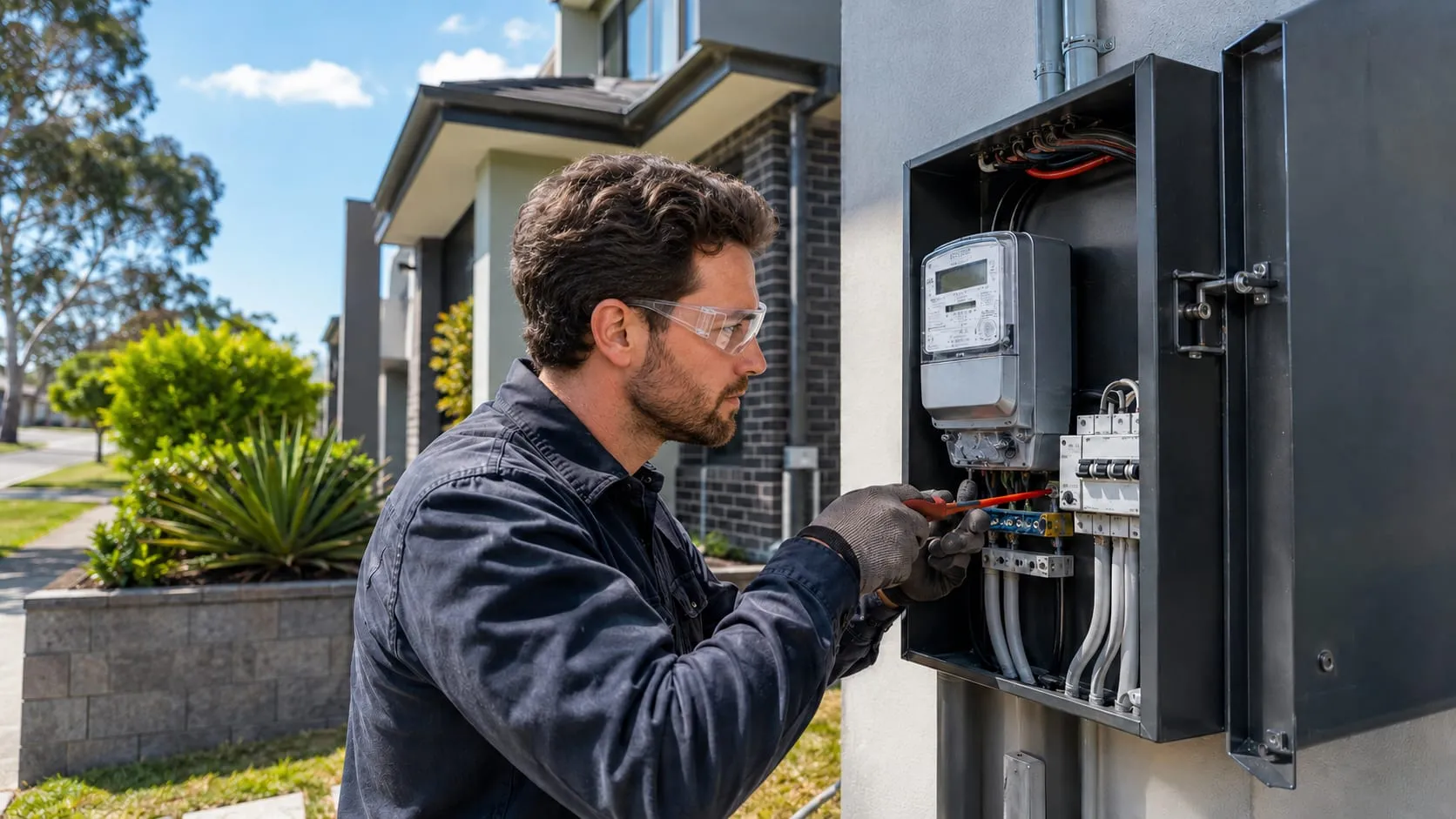 Electrician working on a meter box on the front of a two-storey home