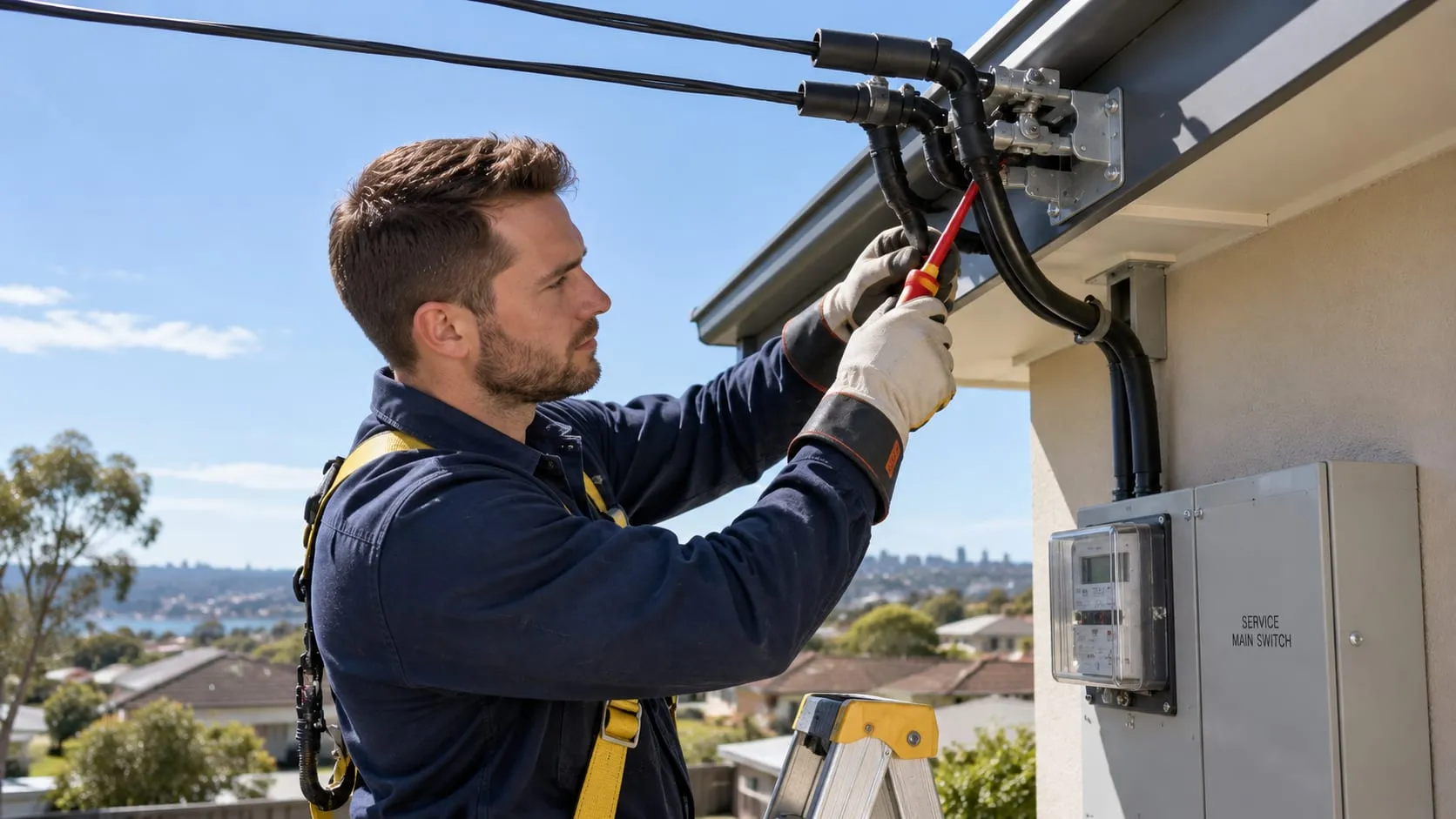 Electrician in a safety harness connecting overhead service cables at the roofline of a home