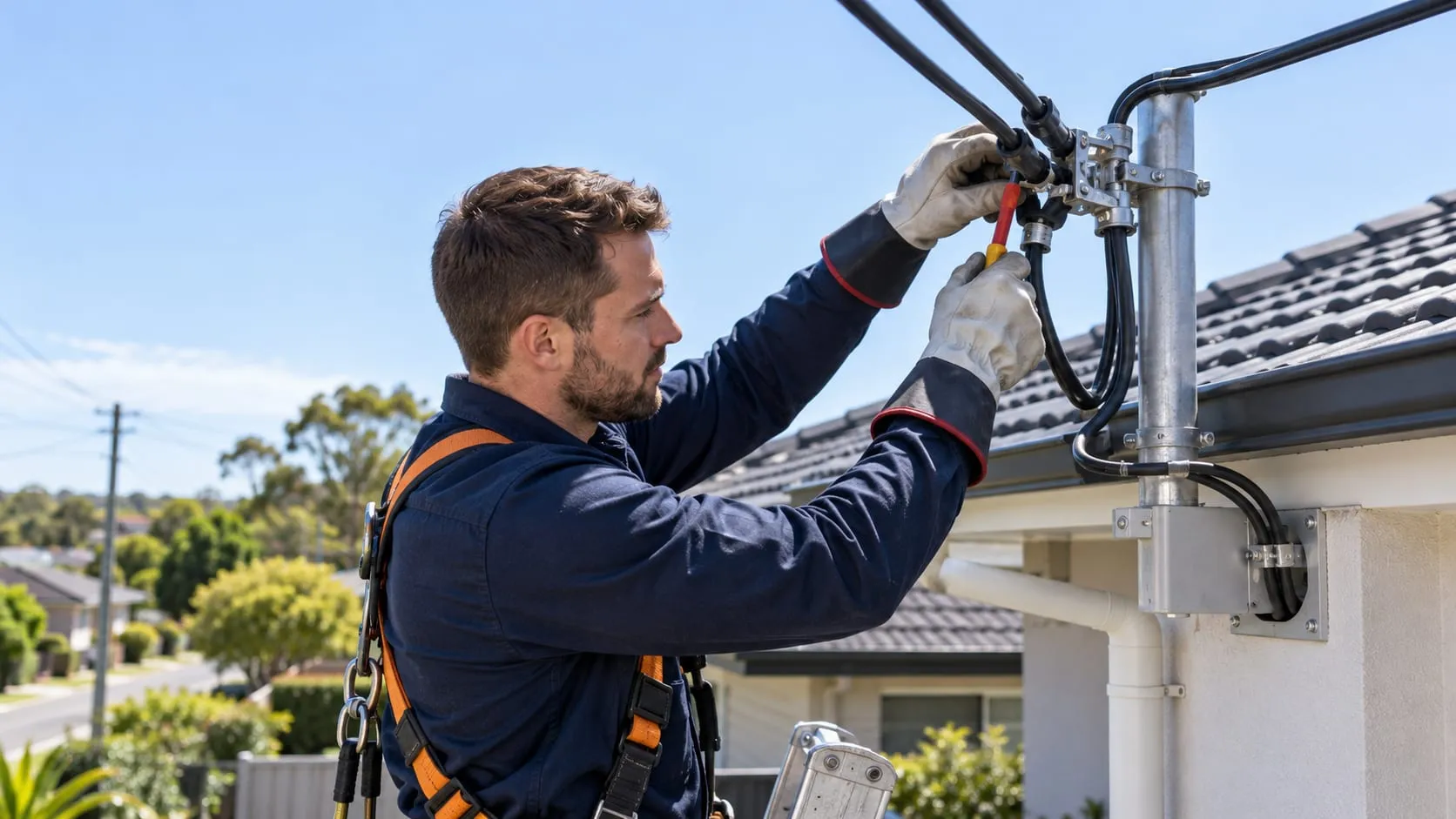 Electrician in a safety harness working on the overhead service connection of a house