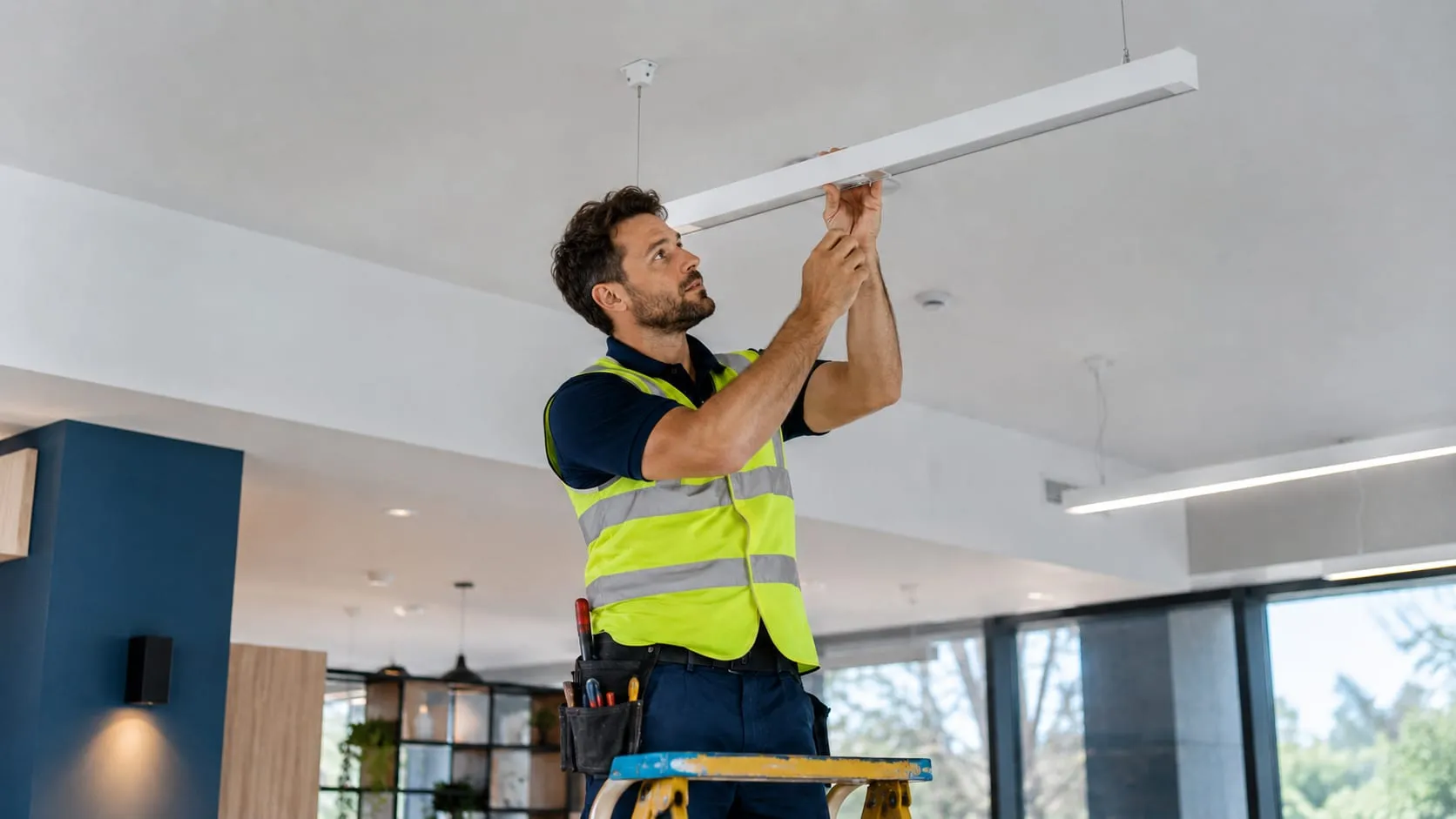 Electrician in a hi-vis vest installing a suspended linear LED light