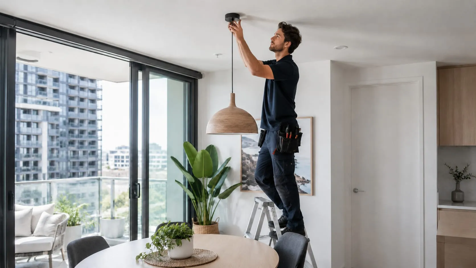 Electrician on a step ladder installing a pendant light in an apartment