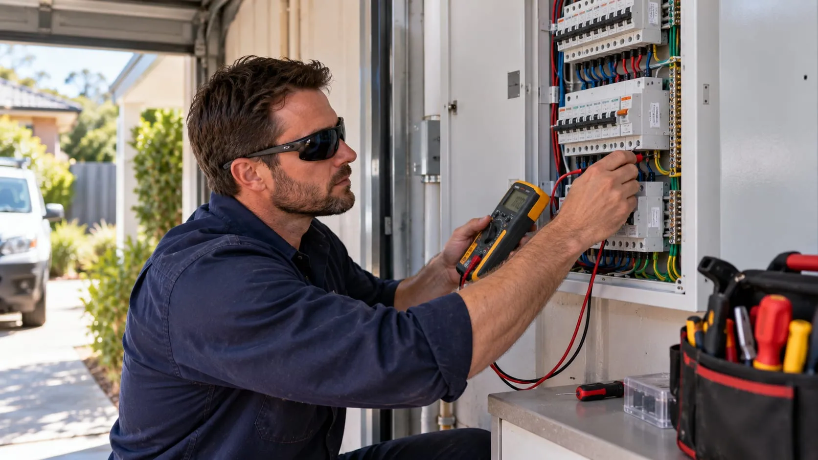 Electrician checking a switchboard with a multimeter near an open garage door