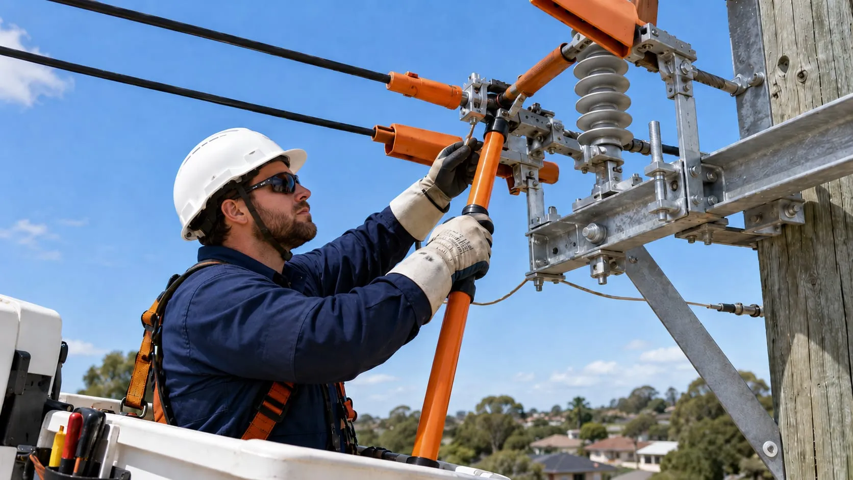 Electrician in a cherry picker using an insulated hot stick on overhead power lines