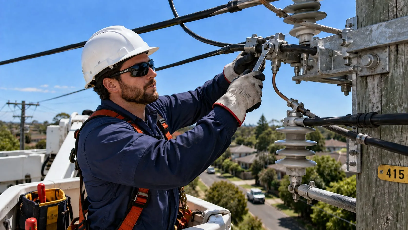 Electrician in a cherry picker tightening a clamp on a power pole crossarm