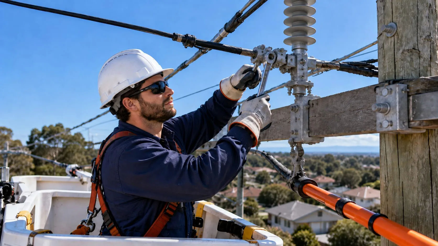 Electrician in a cherry picker tightening a connection on a timber power pole
