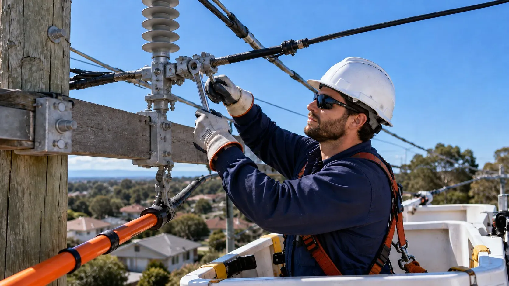 Level 2 electrician connecting service lines at the top of a power pole