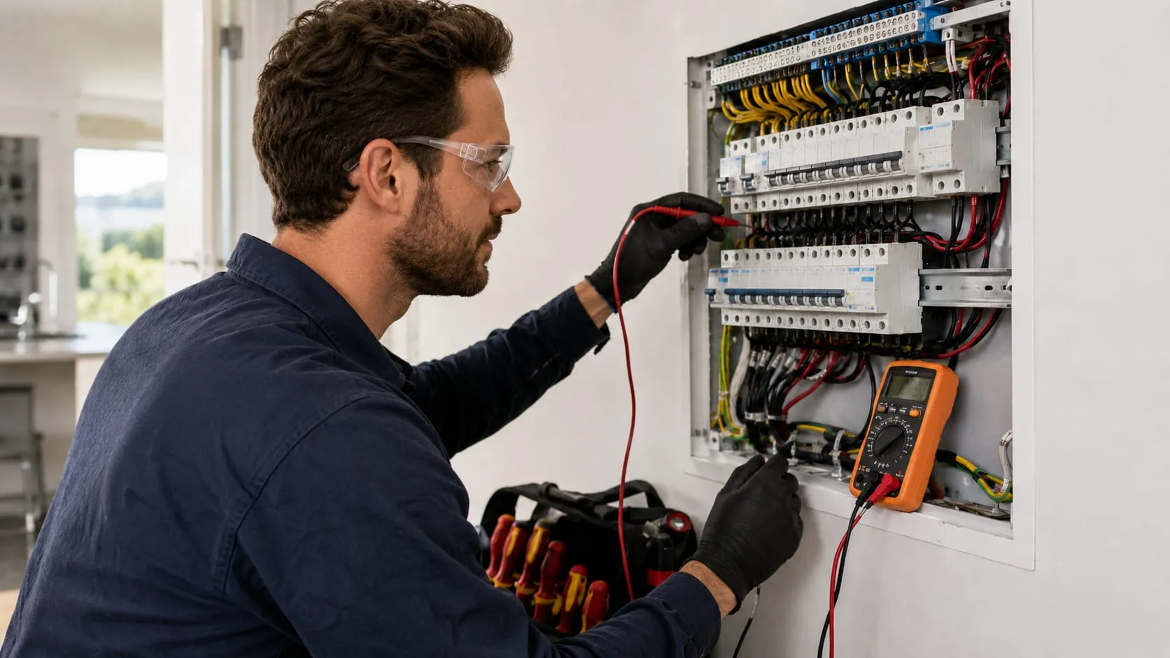 Electrician in safety glasses testing a switchboard with multimeter probes