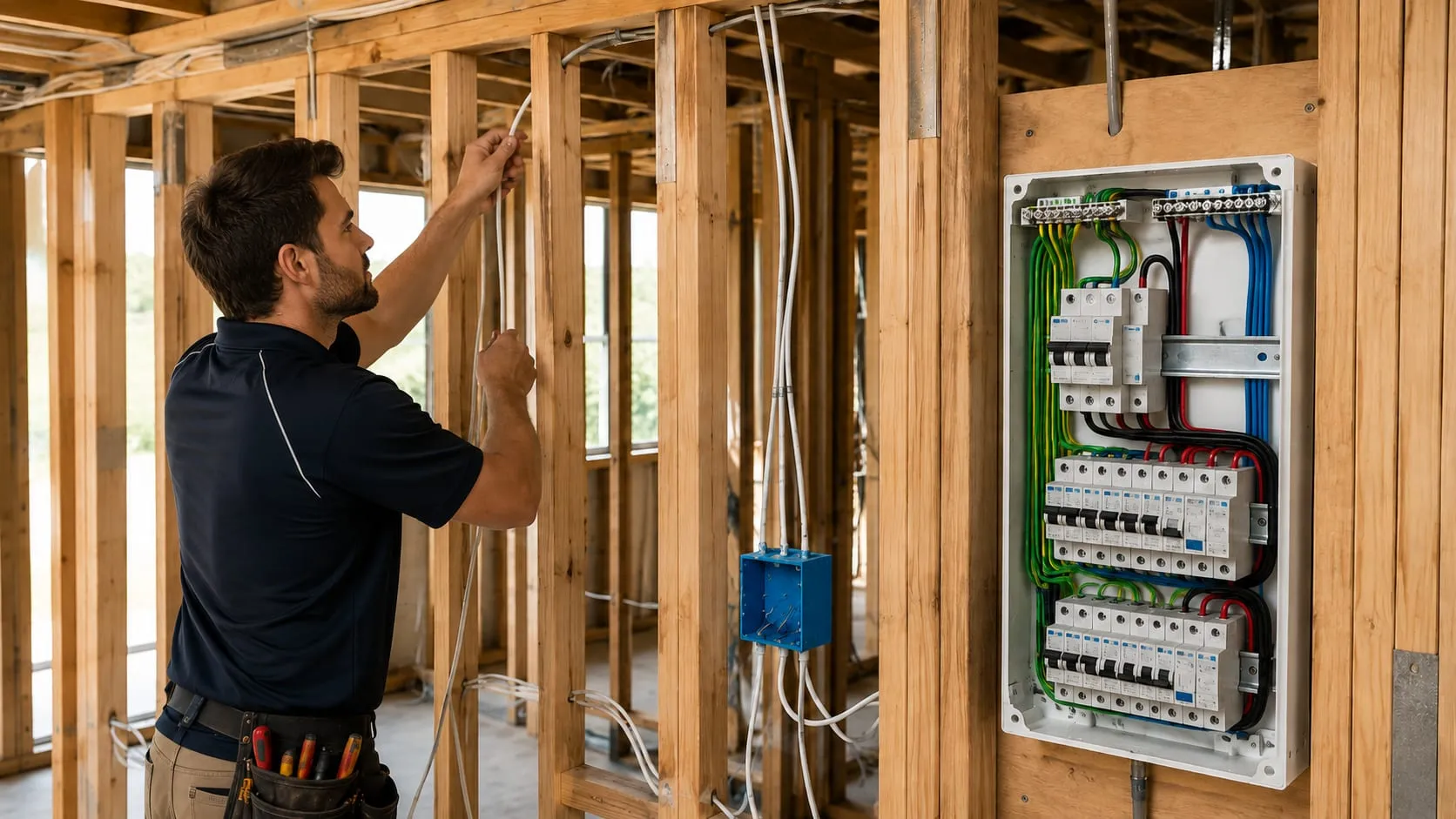 Electrician running new cables through timber framing next to a switchboard