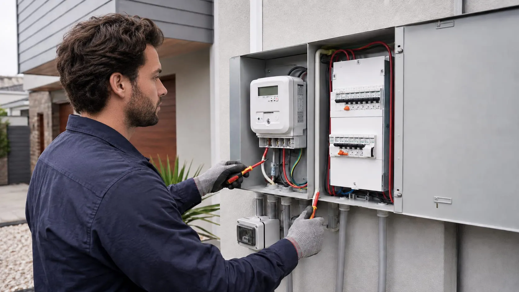 Electrician working on a smart meter and switchboard in an outdoor meter panel