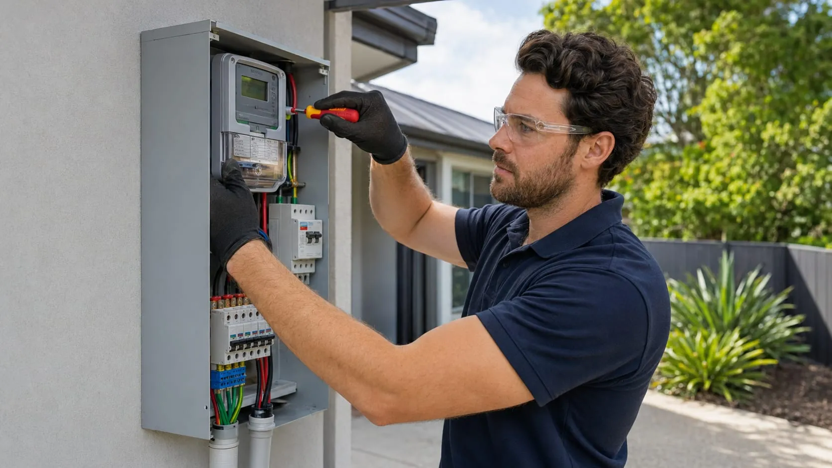 Electrician replacing an electricity meter in an outdoor meter box