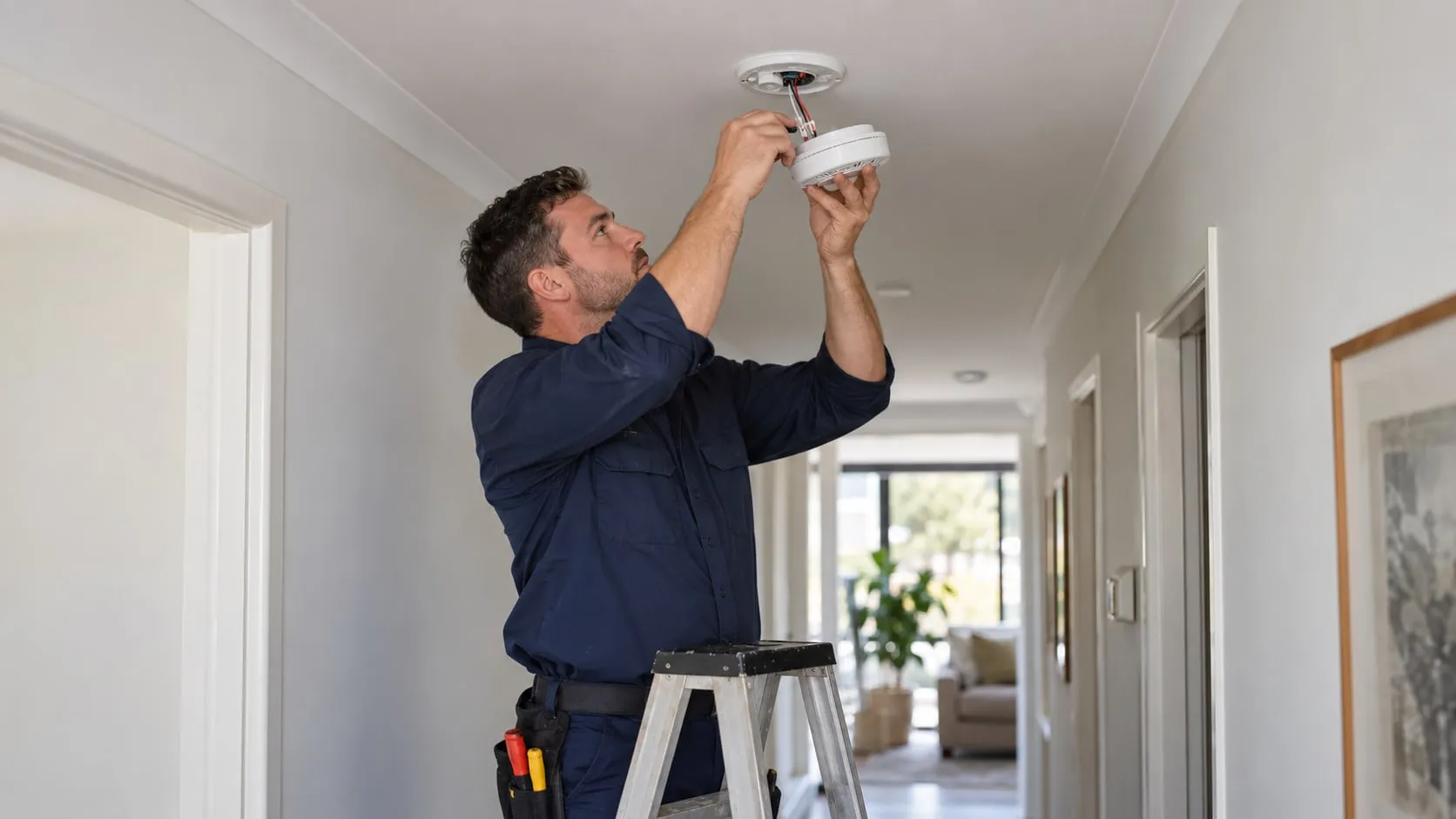 Electrician fitting a smoke alarm in a hallway