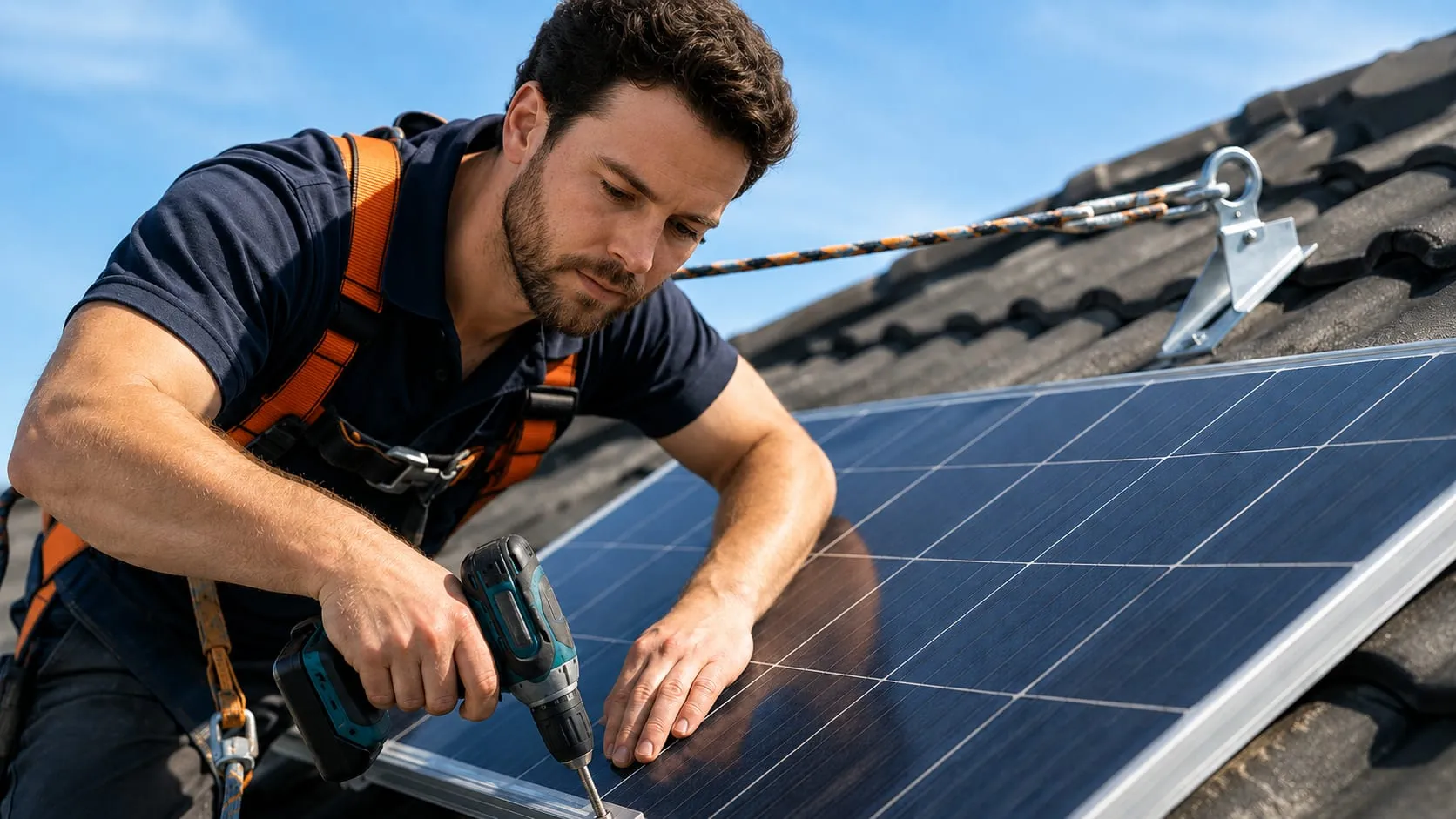 Electrician in a safety harness drilling a solar panel clamp on a roof