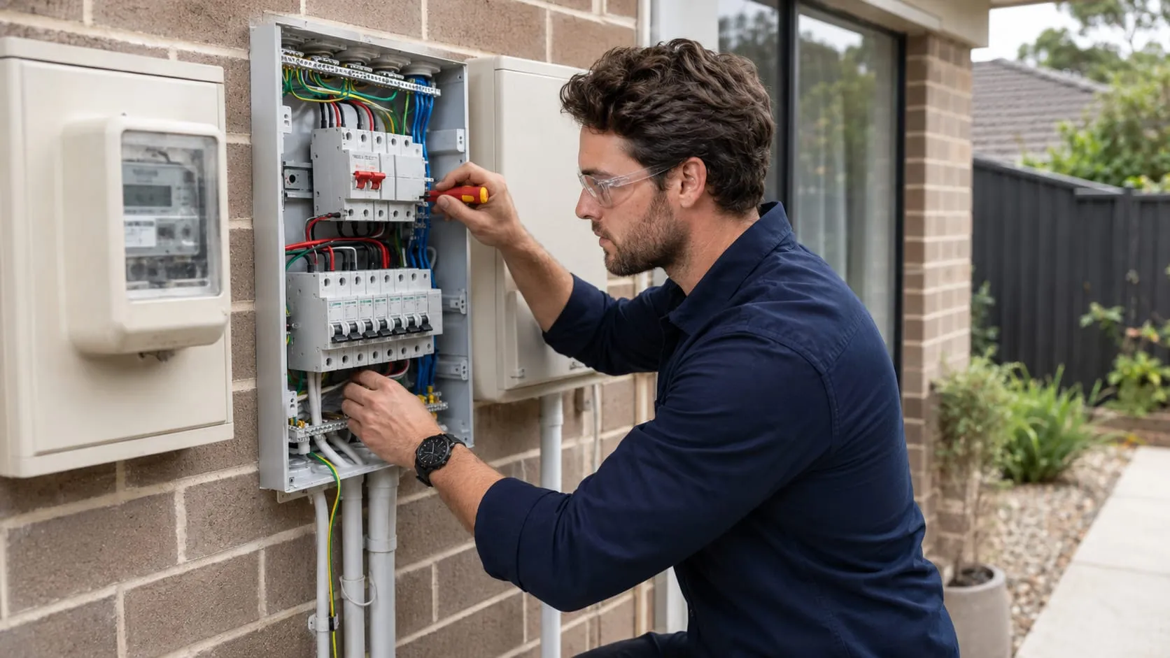 Electrician upgrading an outdoor switchboard next to the meter box