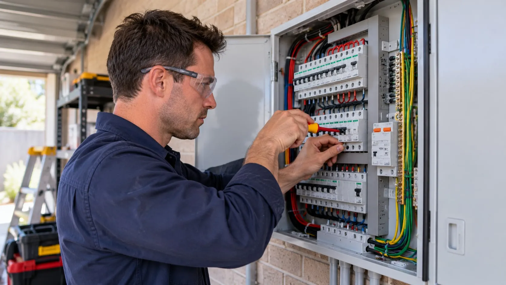 Electrician fitting circuit breakers in an upgraded switchboard
