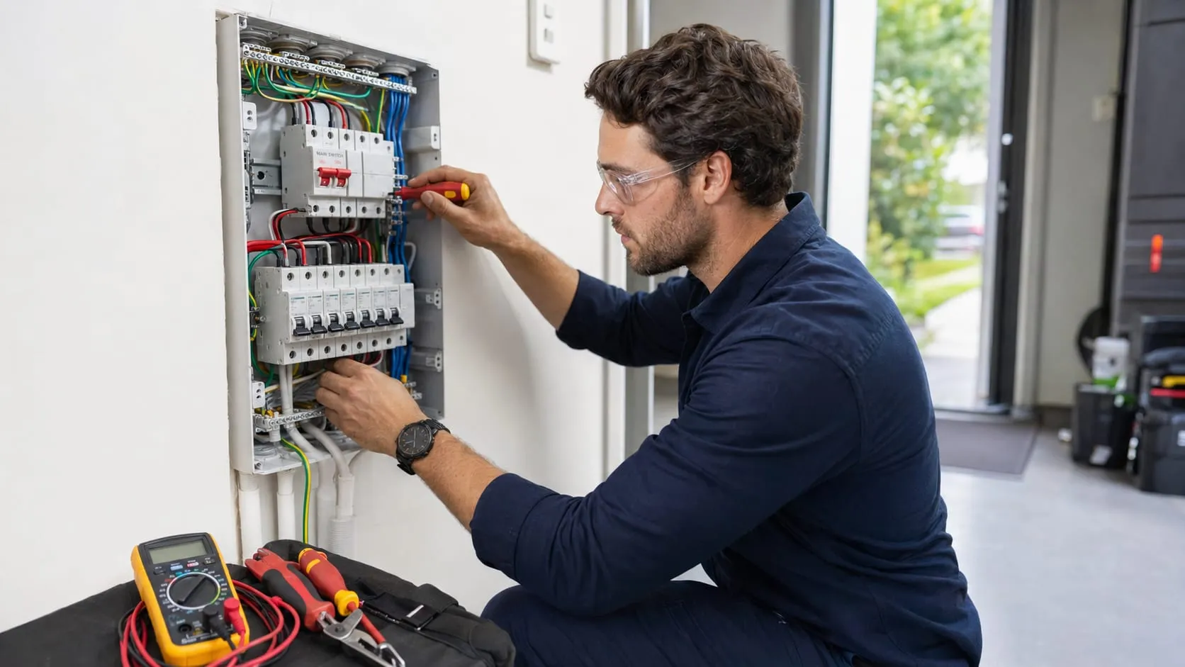 Electrician upgrading a switchboard in a garage
