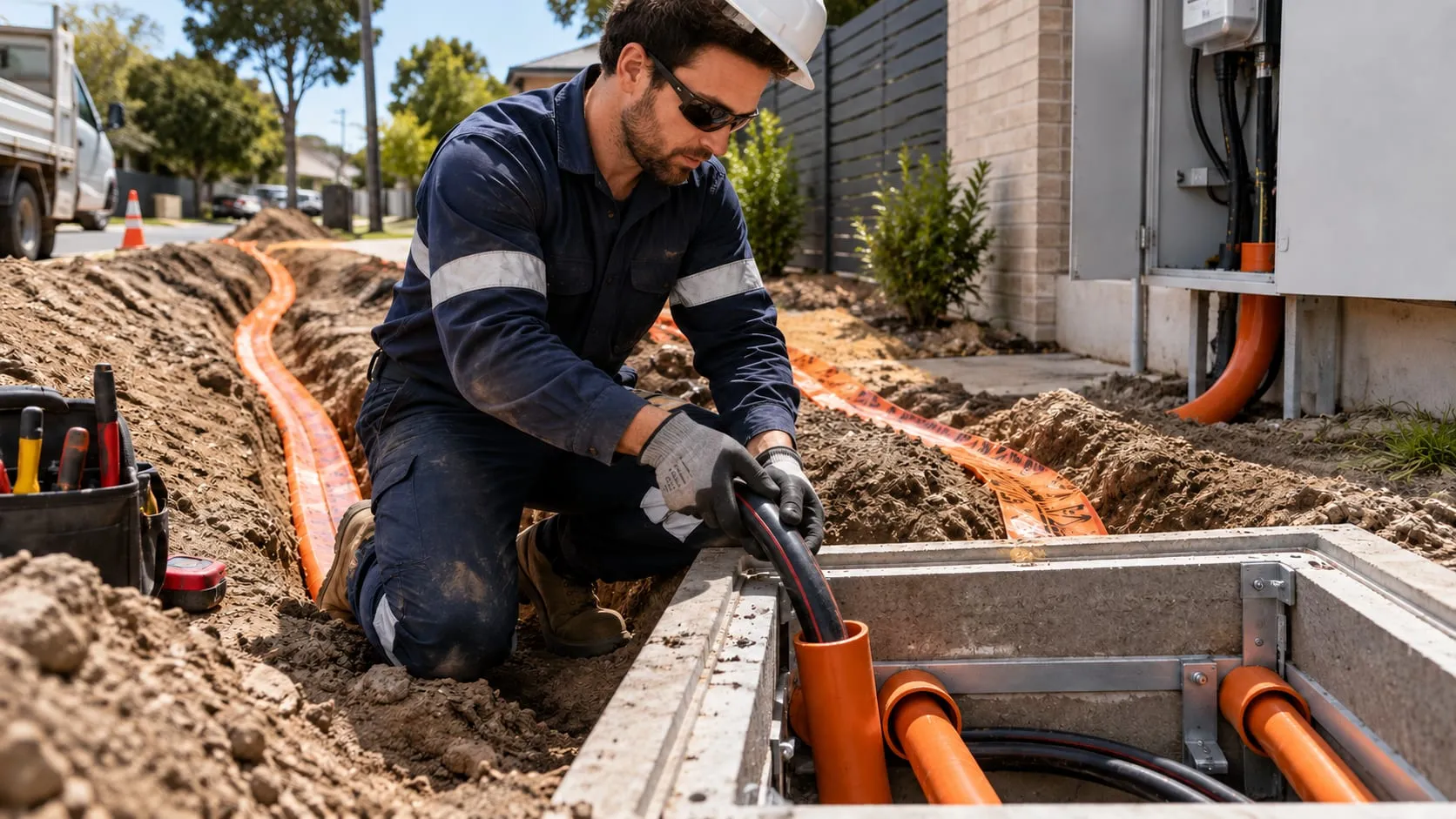 Electrician laying an underground service cable into a pit beside a trench